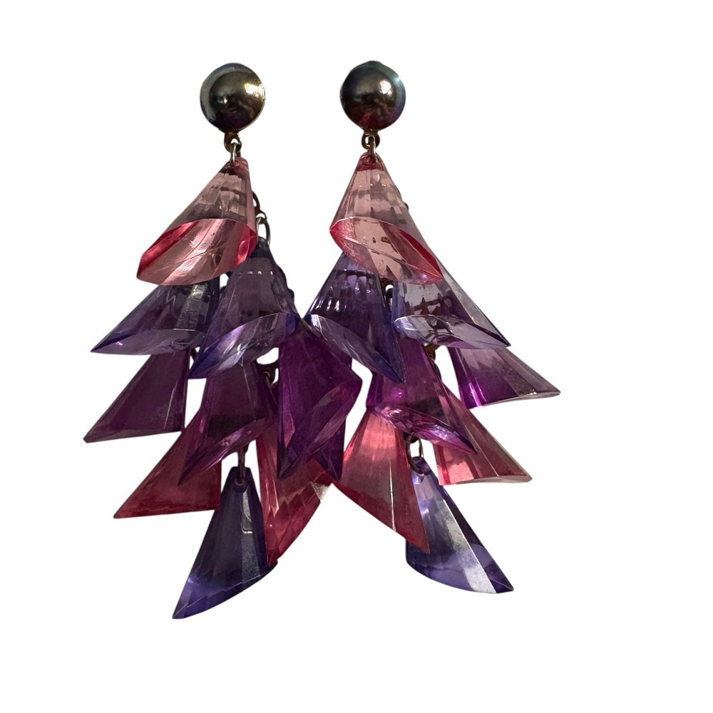Pink Purple Statement Dangle Earrings Vintage Drop Cha Cha Chunky Translucent - Picture 2 of 15